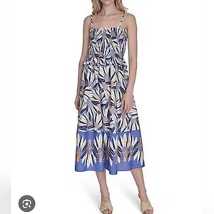 Vince Camuto Printed Square Neck Sleeveless Smocked Midi Dress